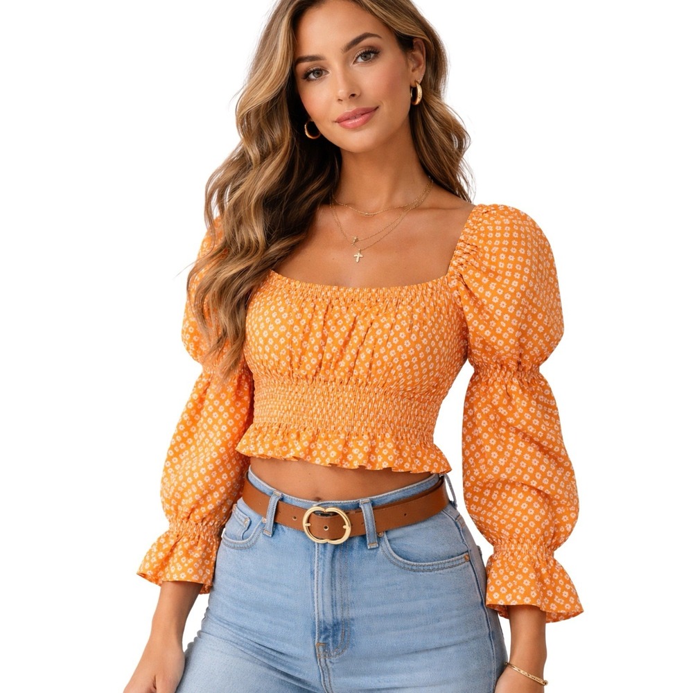 H&M Divided Orange White Floral Flower Puff Sleeve Cropped Blouse Sz Medium